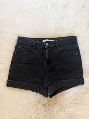 Zara Black High-Rise Rolled Hem Denim Shorts